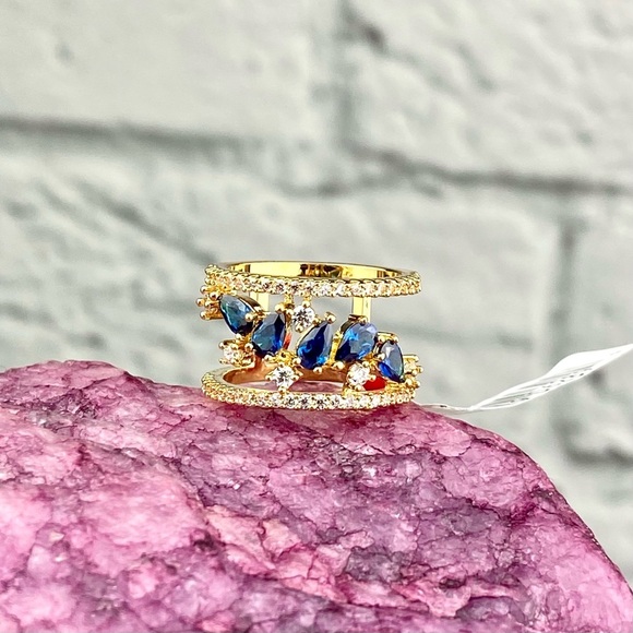 2 for $30 🌸 Boutique Double Sapphire Blue Rhinestone Fashion Ring RSC 6 - Picture 2 of 3